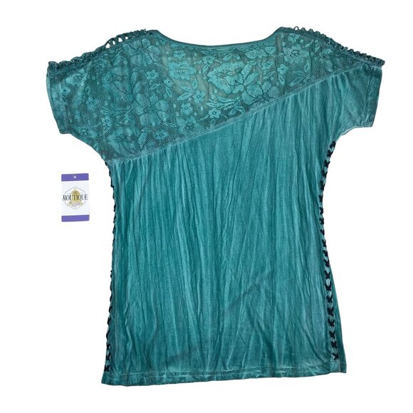 Sinful By Affliction Womens S Lace Tee Distressed Studded Wing Graphic Turquoise - Picture 2 of 16